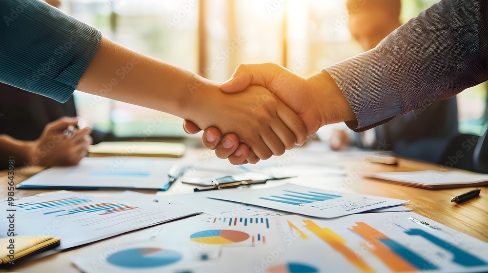Handshake Over Conference Table with Financial Documents and Graphs Symbolizing Business Deal and Handshake Over Conference Table with Financial Documents and Graphs Symbolizing Business Deal and
