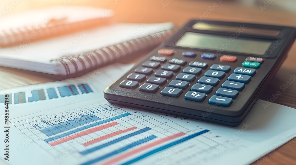 Close-up View of Calculator,Notepad,and Graphs on Office Desk Symbolizing Business Finance and Close-up View of Calculator,Notepad,and Graphs on Office Desk Symbolizing Business Finance and
