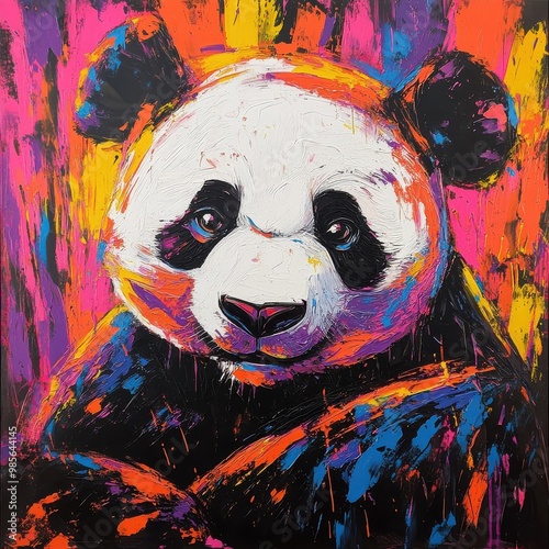 Abstract Expressionism giant panda, bold strokes, vibrant colors.