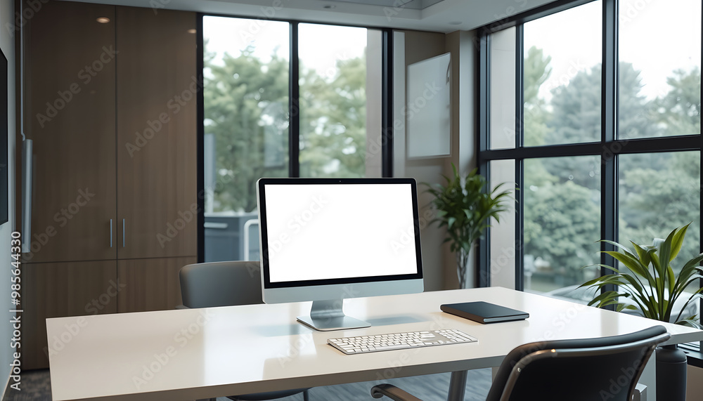 Fototapeta premium Modern Office Desk with Computer, Keyboard, and Notebook