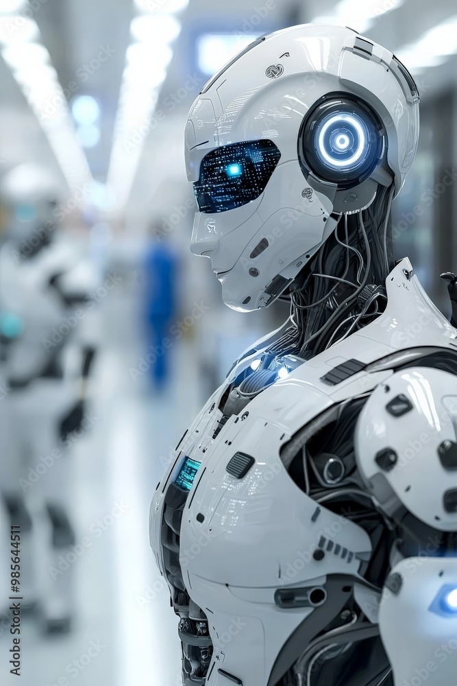 A futuristic hospital run by AI, with robots performing surgeries, checking patient vitals, and administering medicine, showcasing the medical advancements in an AI-integrated society. A futuristic hospital run by AI, with robots performing surgeries, checking patient vitals, and administering medicine, showcasing the medical advancements in an AI-integrated society.