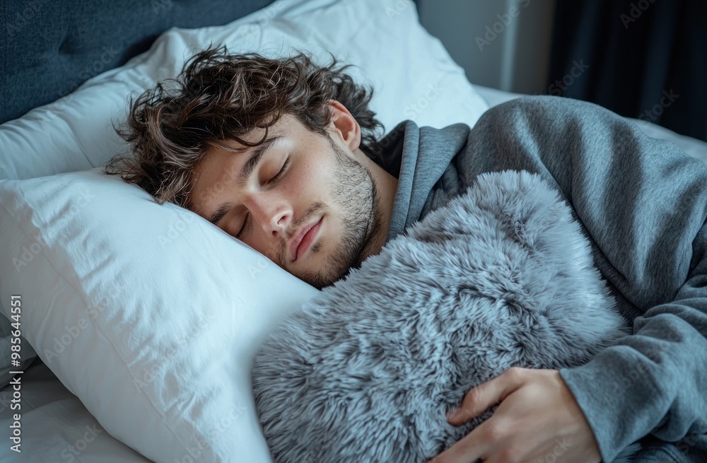 A man is sleeping on his side with a stuffed animal and a pillow. He is wearing gray pajamas with a hood, against a white background. Advertising stock photo. Close-up of both hands holding a pillow.