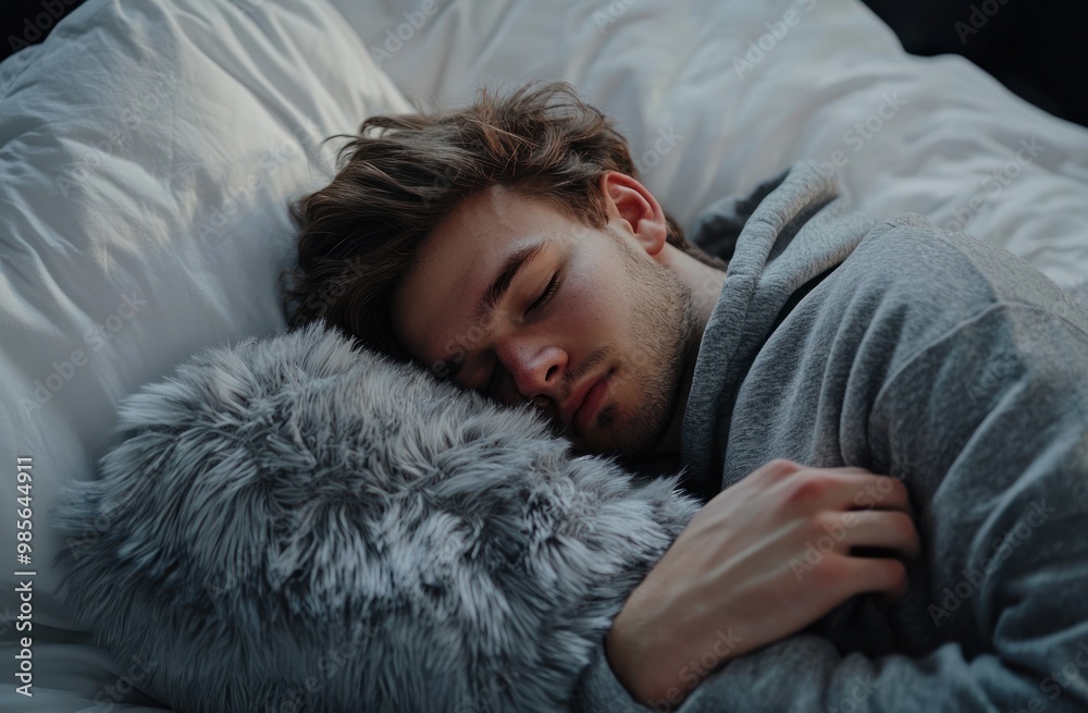 A man is sleeping on his side with a stuffed animal and a pillow. He is wearing gray pajamas with a hood, against a white background. Advertising stock photo. Close-up of both hands holding a pillow. A man is sleeping on his side with a stuffed animal and a pillow. He is wearing gray pajamas with a hood, against a white background. Advertising stock photo. Close-up of both hands holding a pillow.