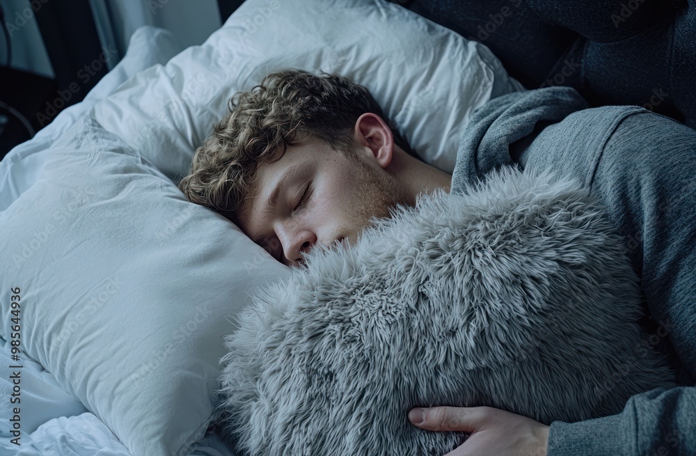 A man is sleeping on his side with a stuffed animal and a pillow. He is wearing gray pajamas with a hood, against a white background. Advertising stock photo. Close-up of both hands holding a pillow. A man is sleeping on his side with a stuffed animal and a pillow. He is wearing gray pajamas with a hood, against a white background. Advertising stock photo. Close-up of both hands holding a pillow.