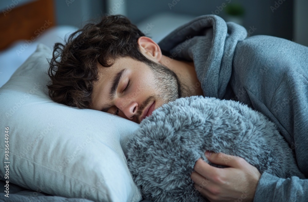 A man is sleeping on his side with a stuffed animal and a pillow. He is wearing gray pajamas with a hood, against a white background. Advertising stock photo. Close-up of both hands holding a pillow. A man is sleeping on his side with a stuffed animal and a pillow. He is wearing gray pajamas with a hood, against a white background. Advertising stock photo. Close-up of both hands holding a pillow.