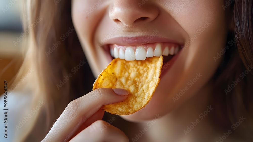 Woman Eating Crispy Potato Chip Snack Close Up Woman Eating Crispy Potato Chip Snack Close Up