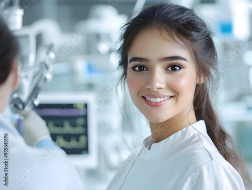 Smiling Woman Undergoing Routine Health Checkup in Well Equipped Clinic