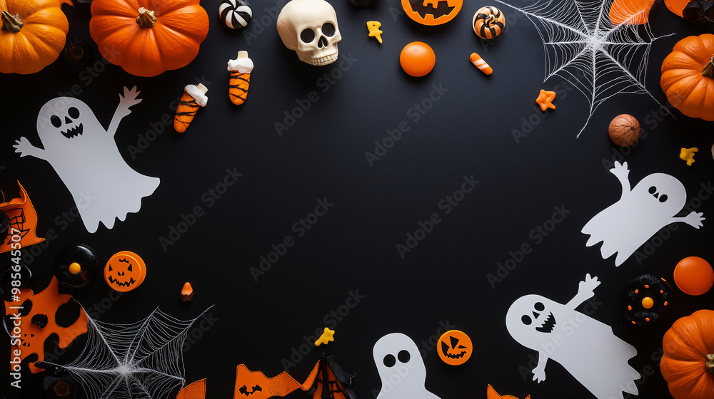A Halloween themed background with ghosts and skulls. The background is black and orange. The ghosts are in various positions and sizes, and there are also some skulls A Halloween themed background with ghosts and skulls. The background is black and orange. The ghosts are in various positions and sizes, and there are also some skulls