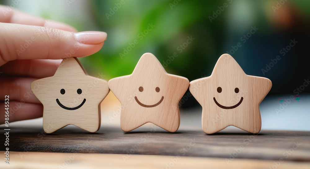 Obraz premium Happy wooden stars placed on table, showcasing joy and creativity