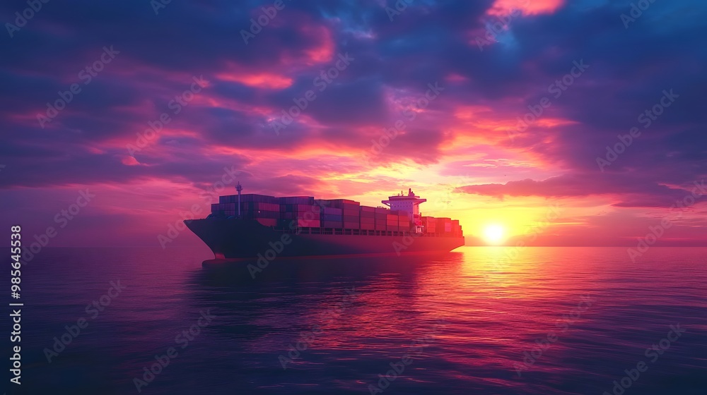 Fototapeta premium Cargo Ship at Sunset on the Ocean
