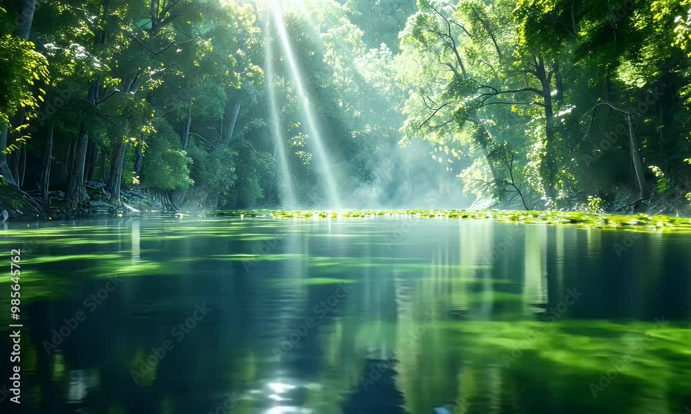 Sunlight Beams Through Forest Canopy and Reflects in the Calm Water of a River Sunlight Beams Through Forest Canopy and Reflects in the Calm Water of a River