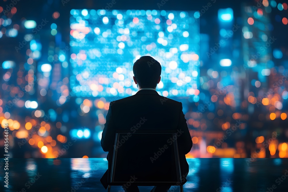 Businessman Silhouette Sitting in a Chair City Lights in the Background Businessman Silhouette Sitting in a Chair City Lights in the Background