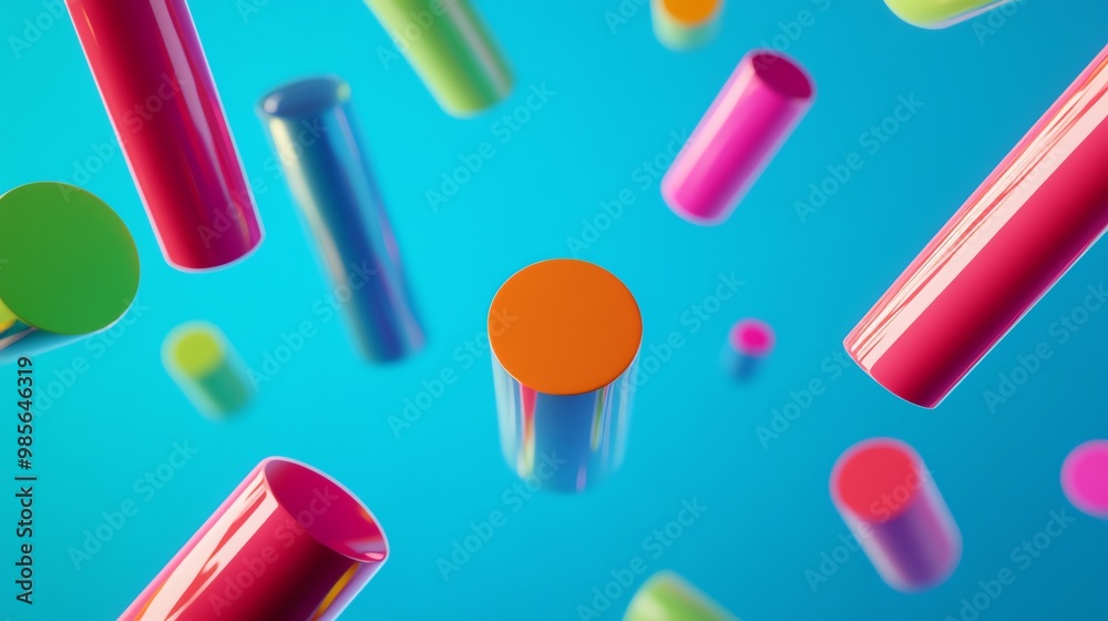 Glossy colorful cylinders falling against a blue background. Glossy colorful cylinders falling against a blue background.