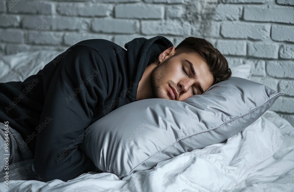 A man is sleeping on his side with a stuffed animal and a pillow. He is wearing gray pajamas with a hood, against a white background. Advertising stock photo. Close-up of both hands holding a pillow. A man is sleeping on his side with a stuffed animal and a pillow. He is wearing gray pajamas with a hood, against a white background. Advertising stock photo. Close-up of both hands holding a pillow.