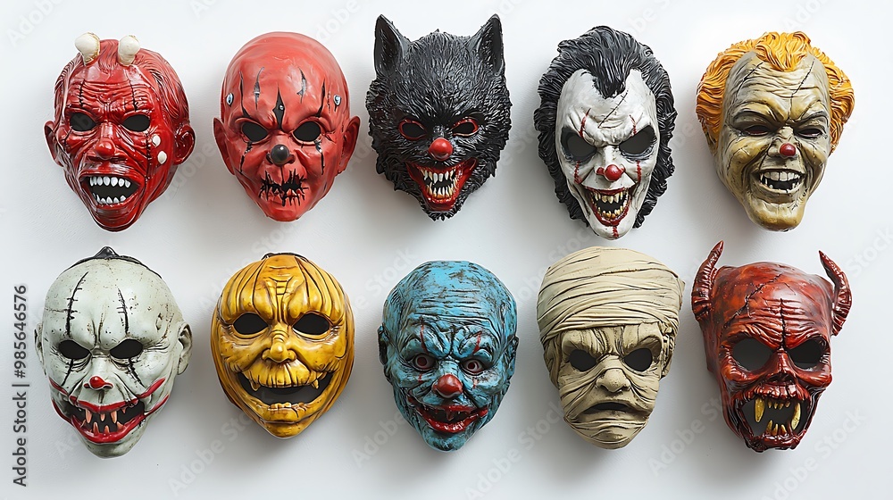 Ten terrifying Halloween masks form a set, each more fearsome than the last. Ten terrifying Halloween masks form a set, each more fearsome than the last.