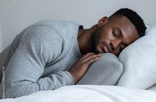 A man is sleeping on his side with a stuffed animal and a pillow. He is wearing gray pajamas with a hood, against a white background. Advertising stock photo. Close-up of both hands holding a pillow.