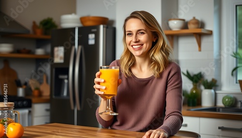 Woman Smiling and Holding a Glass of Orange Juice in a Kitchen