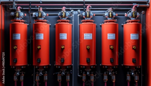 Wallpaper Mural Six Red Cylindrical Tanks with Pipes and Valves Torontodigital.ca
