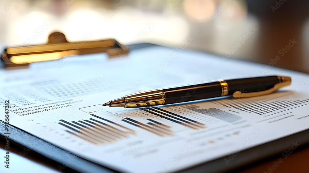 Fototapeta premium Clipboard with Financial Report and Pen Symbolizing Business Evaluation and Decision-Making