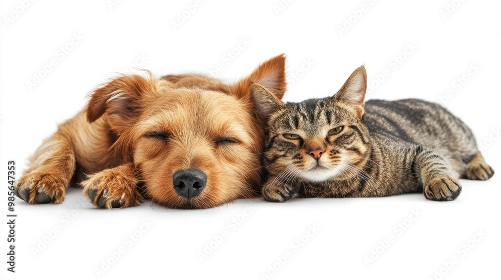 A cute and playful mixed breed terrier dog and a tabby cat laying together with happy expressions. Extracted on transparent background. transparent background
