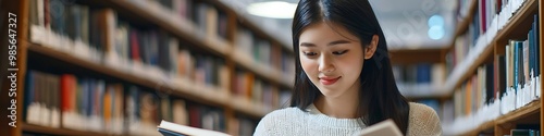 Asian female student in a library highlights ethnic diversity among university students.