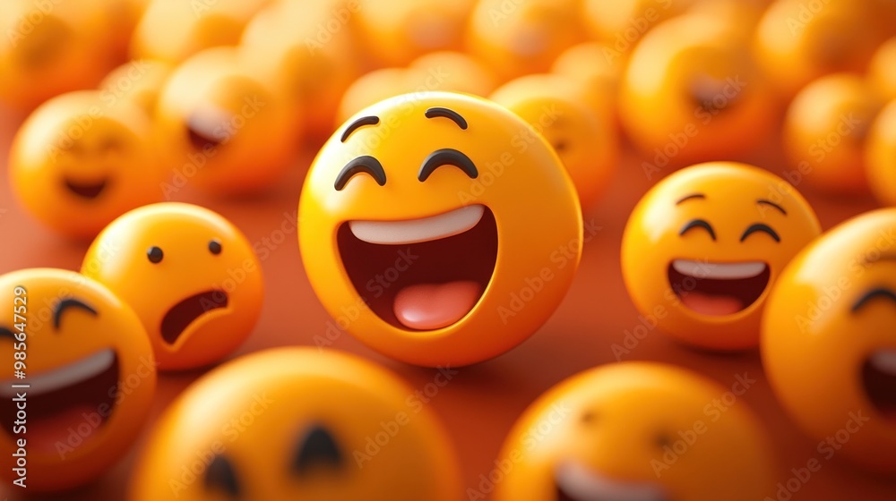 3D rendering of a laughing yellow emoji with other emojis in the background. 3D rendering of a laughing yellow emoji with other emojis in the background.