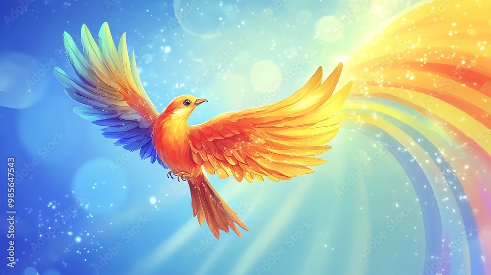 A colorful bird flying through a rainbow with sparkling light effects. A colorful bird flying through a rainbow with sparkling light effects.