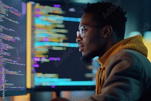 Profile of a student studying cybersecurity and AI online in an IT educational setting.
