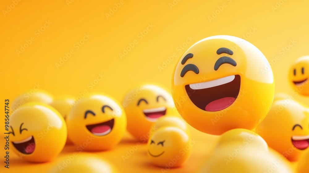 Fototapeta premium A yellow smiley face with wide eyes and an open mouth laughs with other blurred smiley faces in the background against an orange backdrop.