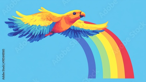 A colorful parrot flies over a rainbow against a blue sky.