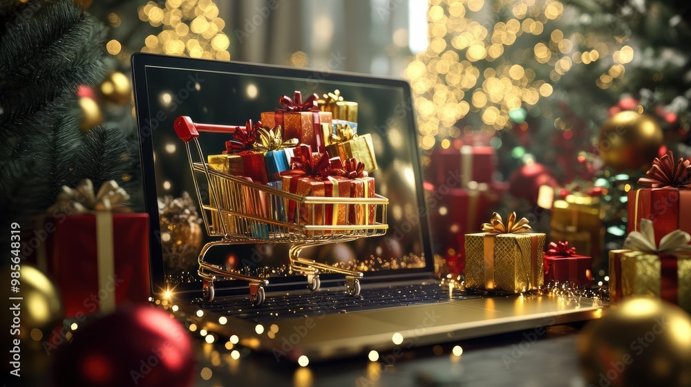 A Laptop Screen Displays a Shopping Cart Filled with Presents, Signifying Christmas Shopping, Black Friday, and the Convenience of Online Holiday Purchases during the Festive Christmas Season A Laptop Screen Displays a Shopping Cart Filled with Presents, Signifying Christmas Shopping, Black Friday, and the Convenience of Online Holiday Purchases during the Festive Christmas Season
