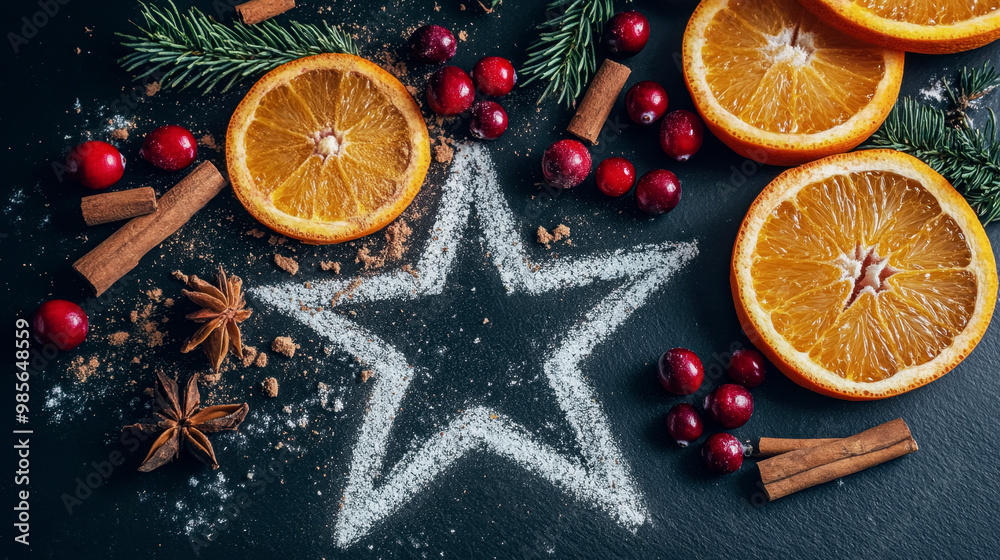 Festive star with oranges and cranberries on dark background Festive star with oranges and cranberries on dark background