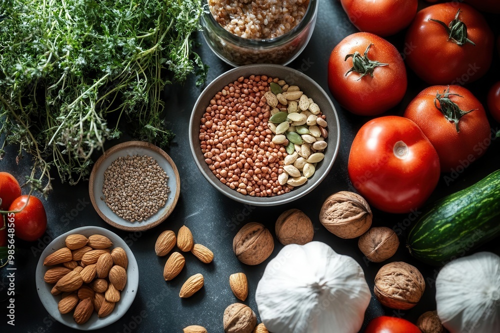 A kitchen scale next to a variety of fresh produce, nuts, and seeds, symbolizing portion control in meal planning A kitchen scale next to a variety of fresh produce, nuts, and seeds, symbolizing portion control in meal planning