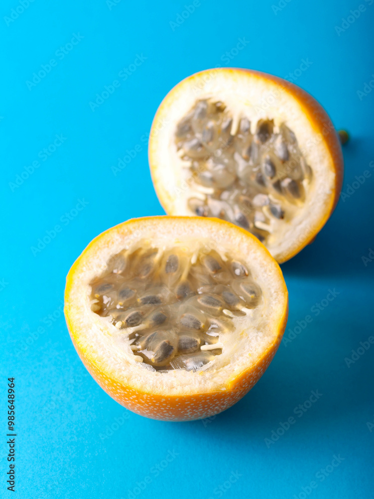 Granadilla fruit over blue Granadilla fruit over blue