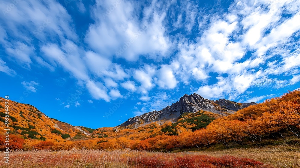 Obraz premium A majestic mountain peak rises above an autumn forest, clouds drifting lazily overhead.