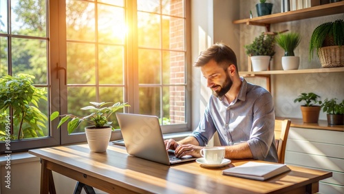 Young man working from home, focused and engaged, with plants and sunlight background