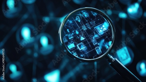 A magnifying glass reveals a blue glowing digital network of icons.