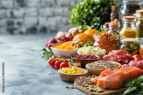 A variety of healthy food samples placed on the table while the nutritionist explains dietary choices to a client