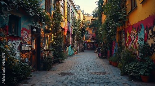 A vibrant street scene with graffiti-covered walls and flourishing vines, bold spray-paint colors harmonizing with the natural foliage, gritty urban textures blending with the vibrant plant life, photo