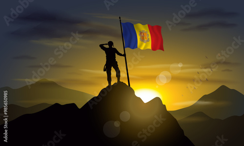 Andorra flag, silhouette of man holding flag on Sunset cliff. Vector Illustrator