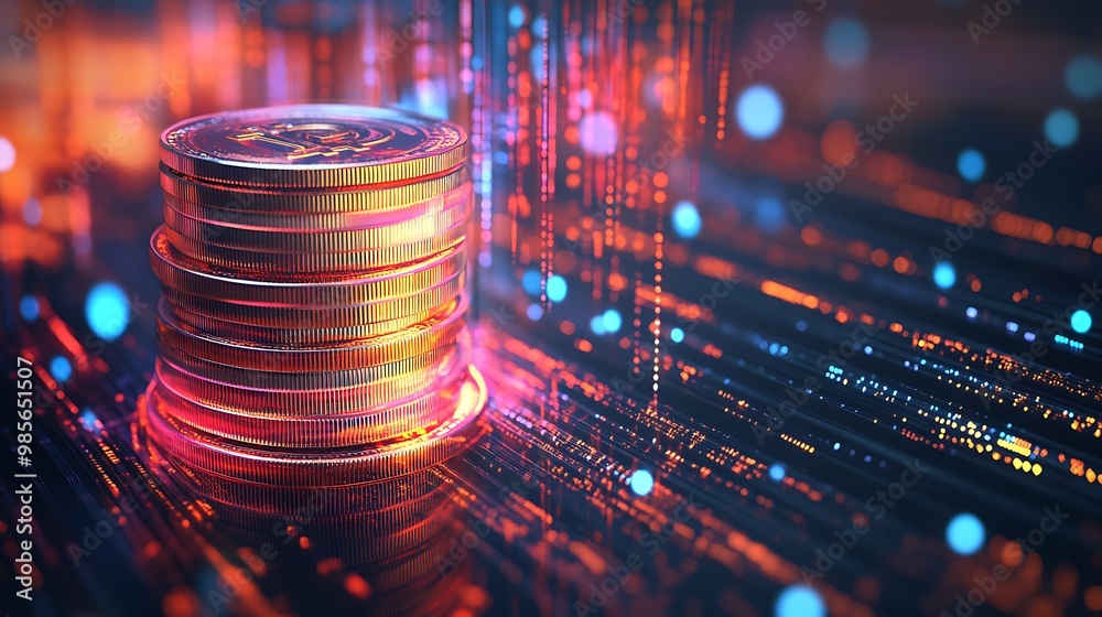 Stack of Gold Bitcoin Cryptocurrency Coins on a Futuristic Circuit Board