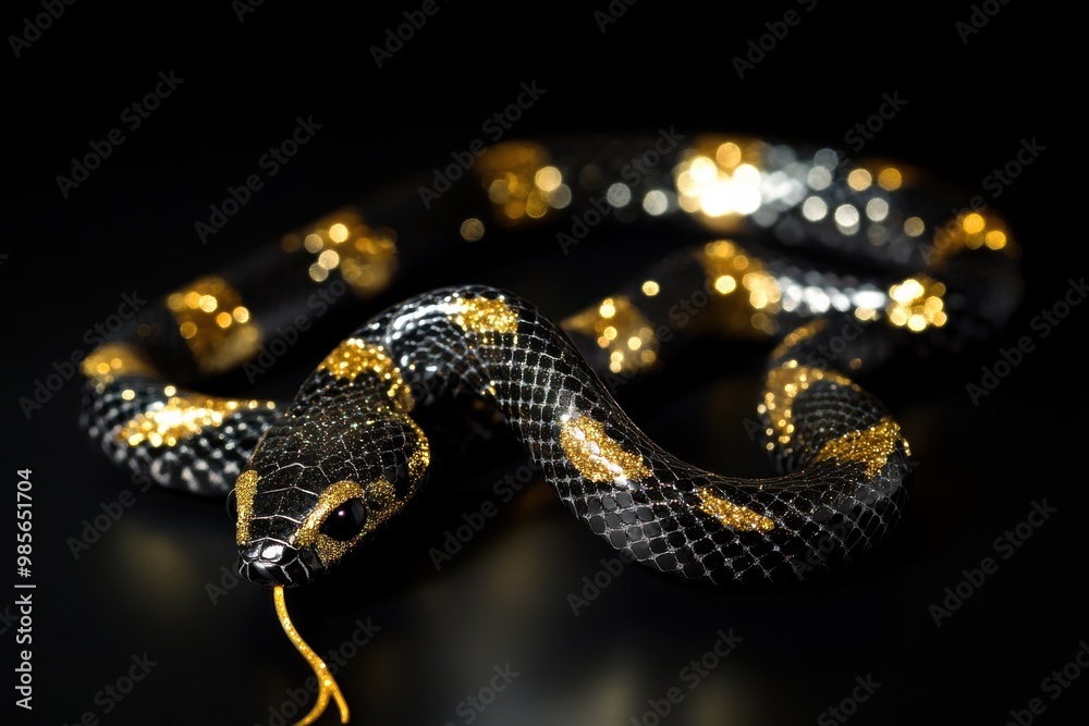 Obraz premium New Year 2025 with snake, confetti and gold coins. Snakes New Year's poster banner on black background. Ai generative