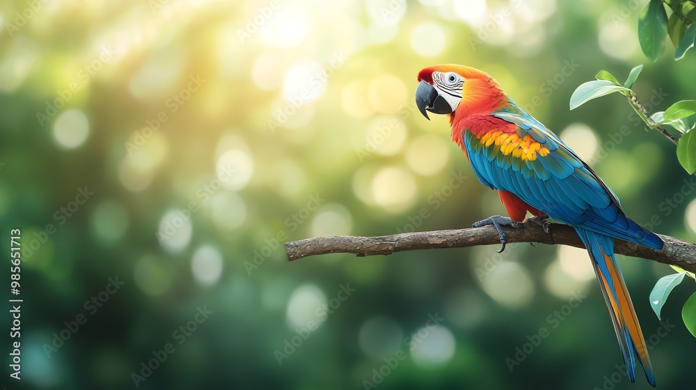 A colorful macaw parrot perched on a branch in a rainforest setting. A colorful macaw parrot perched on a branch in a rainforest setting.
