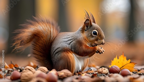 Autumn scene featuring a red squirrel savoring a nut amidst colorful fallen leaves photo