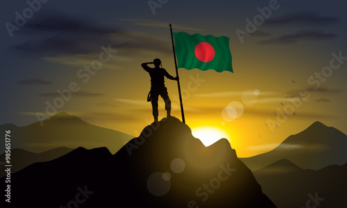 Bangladesh flag, silhouette of man holding flag on Sunset cliff. Vector Illustrator