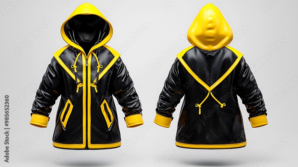 A sleek black leather jacket, accentuated with a vibrant yellow hood and trim. A sleek black leather jacket, accentuated with a vibrant yellow hood and trim.