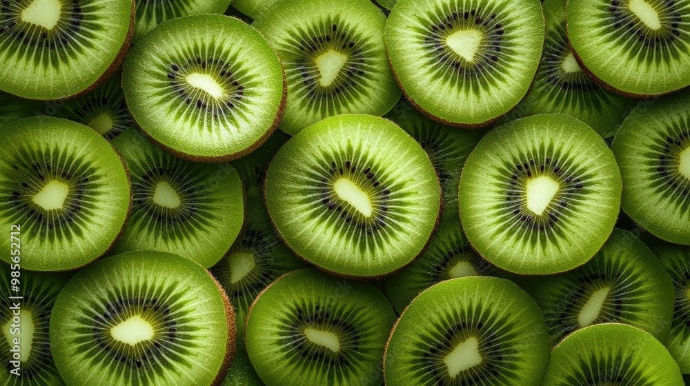 A bunch of green kiwi fruits, sliced and arranged to reveal their emerald green interiors A bunch of green kiwi fruits, sliced and arranged to reveal their emerald green interiors
