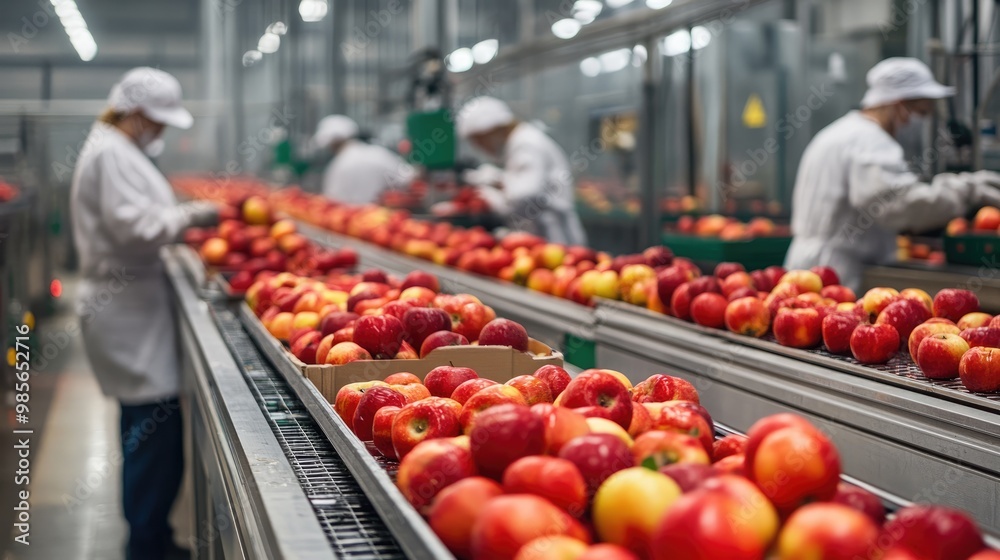 A busy fruit packaging facility with apples being polished, sorted, and packed by both automated systems and workers A busy fruit packaging facility with apples being polished, sorted, and packed by both automated systems and workers
