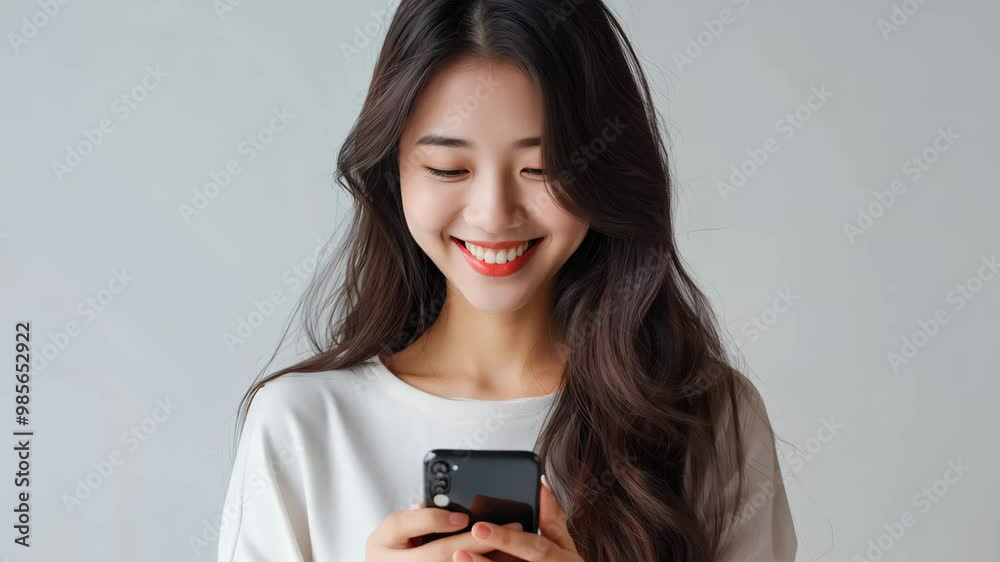 Young Beauty Asian Woman Smiling and Using Smartphone in Studio White Bright Setting Background Young Beauty Asian Woman Smiling and Using Smartphone in Studio White Bright Setting Background