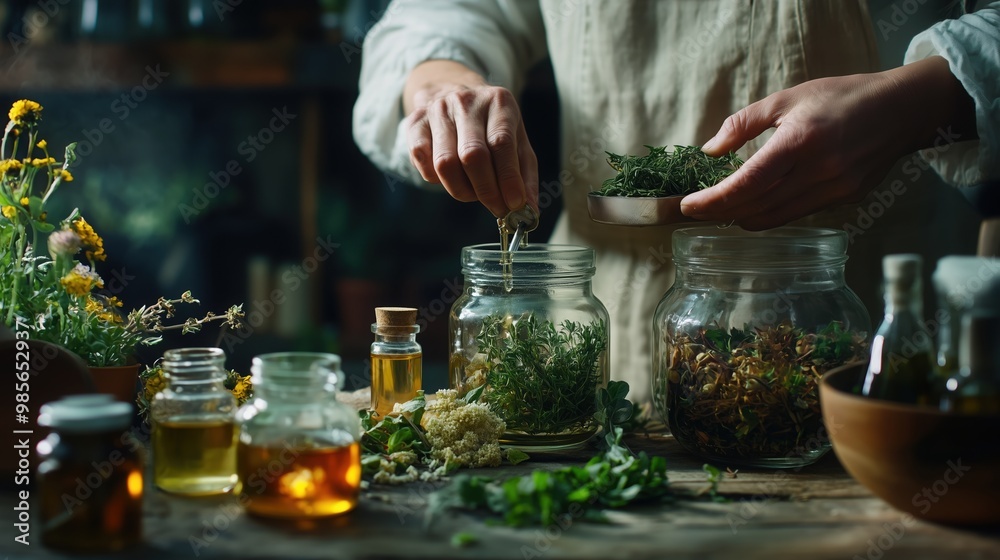 mixing oils herbs and other organic remedies homeopathy concept mixing oils herbs and other organic remedies homeopathy concept